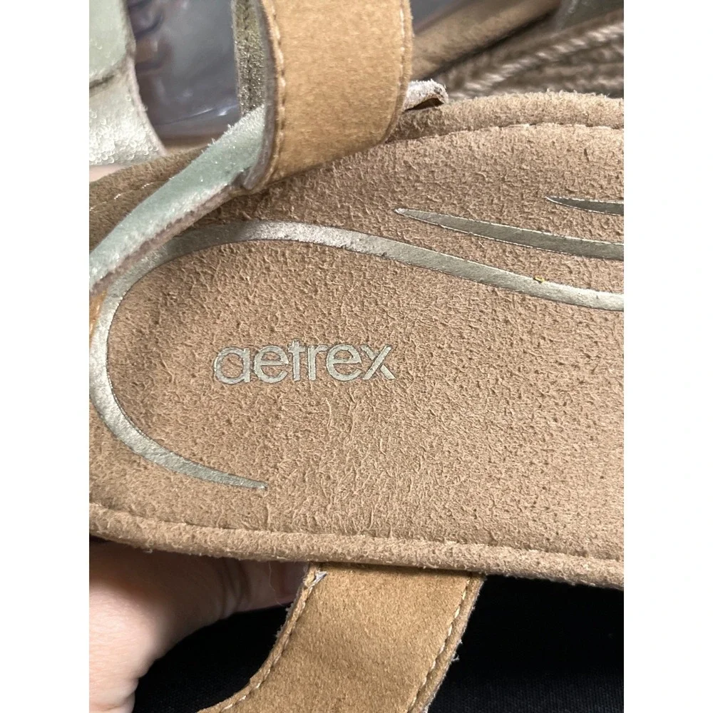 Aetrex‎ Sydney Champagne Gold Shimmer Leather Espadrille Wedge Sandals Womens 10